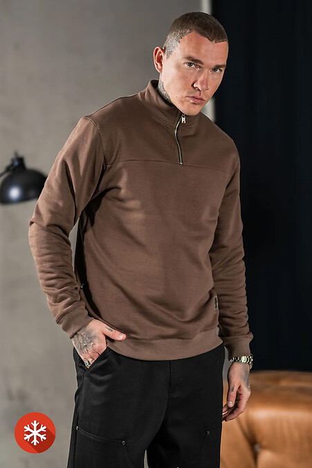 Men's warm sweatshirt with a collar with a zipper Collar Zip Brown - #8034280