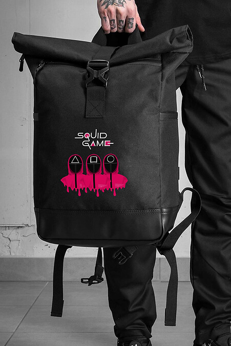 Casualowy plecak szkolny Rolltop dla chłopca z czarnym nadrukiem gry Squid - #8055282