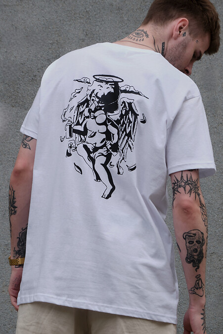 Übergroßes Herren-T-Shirt mit Aufdruck ohne Atemschutzmaske in Weiß - #8049284