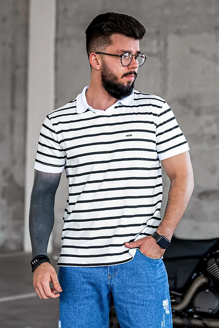 Men's Striped Polo Shirt Old Money White with Black Stripes. T-shirts. Color: white. #8034291