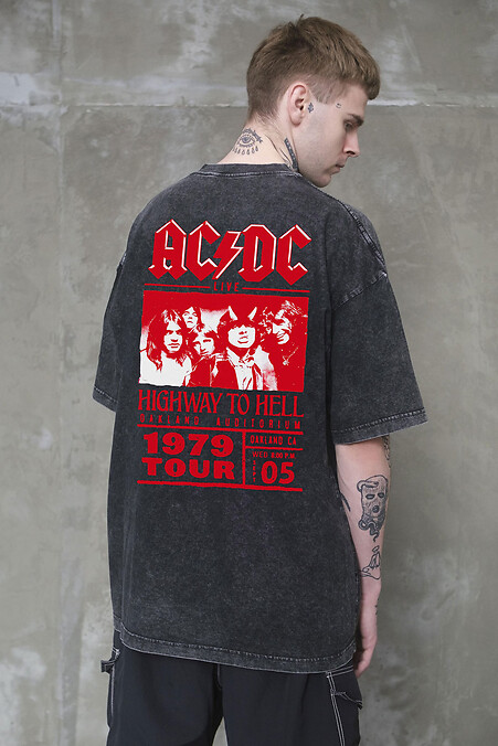 Men's Oversized Washed T-Shirt with ACDC Print, Black - #8056312
