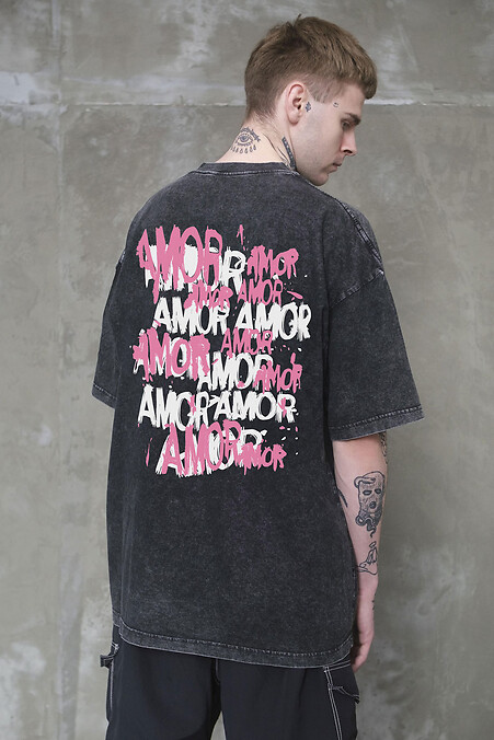 Men's Washed Oversized T-shirt with Amor Black Print - #8056314