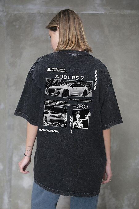 Women's Washed Oversized T-Shirt with Audi RS7 Print in Black - #8056317