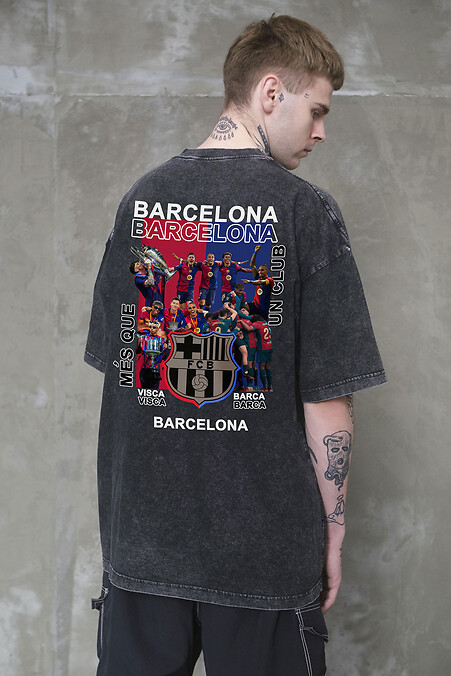 Men's Washed Oversized T-Shirt with Barcelona Black Print - #8056318