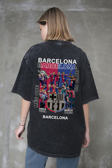 Women's Washed Oversized T-shirt with Barcelona Black Print - #8056319