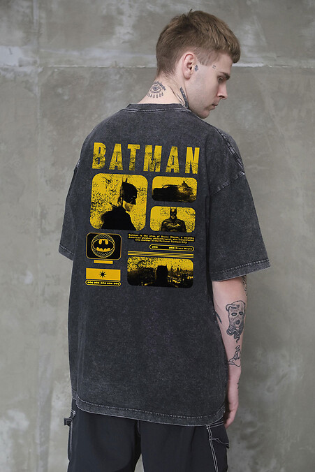 Men's Washed Oversized T-shirt with Batman Print, Black - #8056320