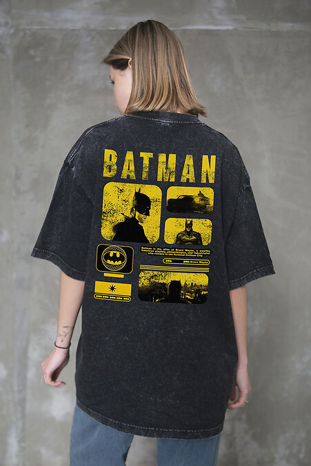 Women's Washed Oversized T-shirt with Batman Print, Black - #8056321