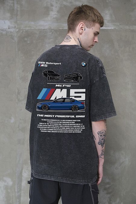 Men's Washed Oversized T-shirt with BMW M5 F90 Print, Black - #8056322