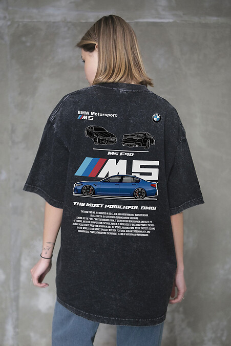 Women's Washed Oversized T-shirt with BMW M5 F90 Print, Black - #8056323