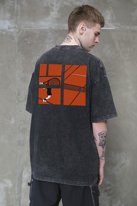 Męska koszulka oversize z nadrukiem, sprana, czarna - #8056324
