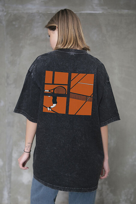 Women's Washed Printed T-shirt, Oversized, Black - #8056325
