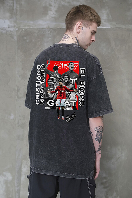 Men's Washed Oversized T-shirt with Cristiano Black Print - #8056326