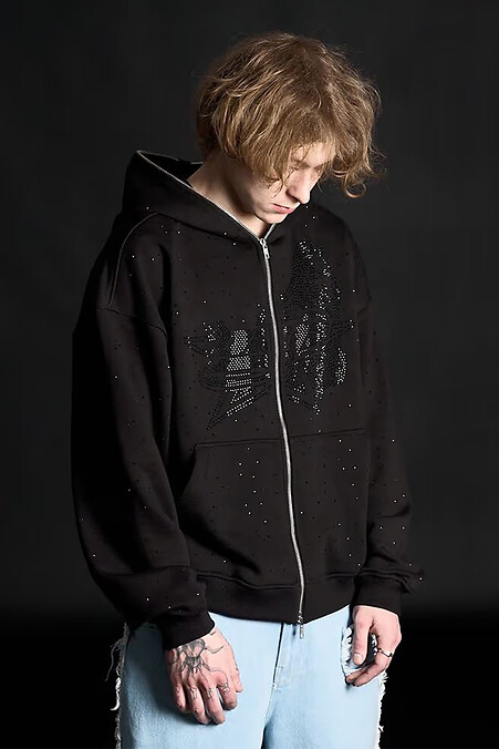 Men's Zipper Hoodie with Rhinestones Gloss Black - #8043329