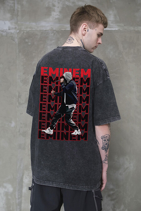 Men's Washed Oversized T-Shirt with Eminem Print, Black - #8056330
