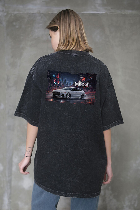 Women's Washed Oversized T-shirt with Print, Gray, Audi, Black - #8056335