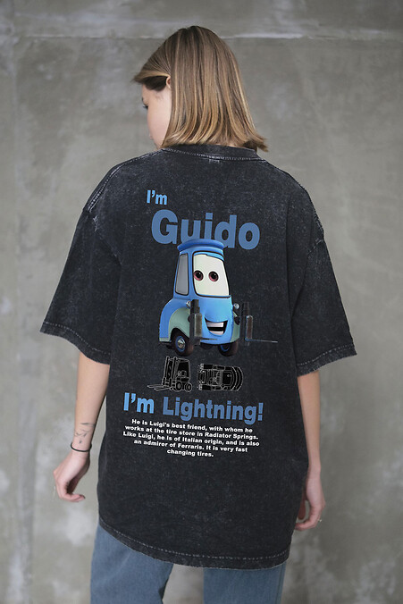 Guido Black Washed Oversized Women's T-Shirt with Print - #8056337