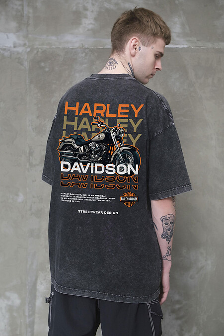 Мужская футболка Washed оверсайз с принтом Harley, черная - #8056338