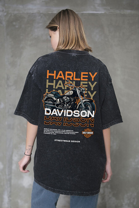 Damska, sprana, oversize'owa koszulka z nadrukiem Harley, czarna - #8056339
