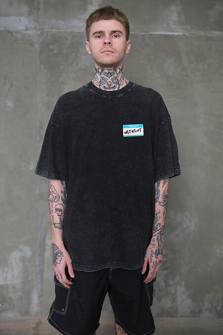 Męska, sprana, oversize'owa koszulka z nadrukiem Hello Black - #8056342