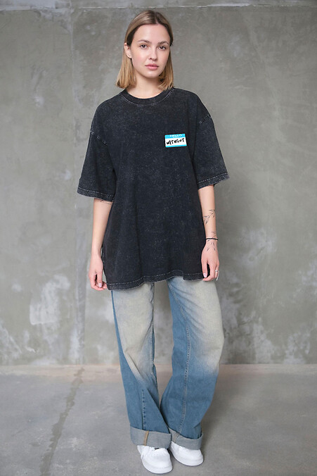 Women's Washed Oversized T-shirt with Hello Black Print - #8056343