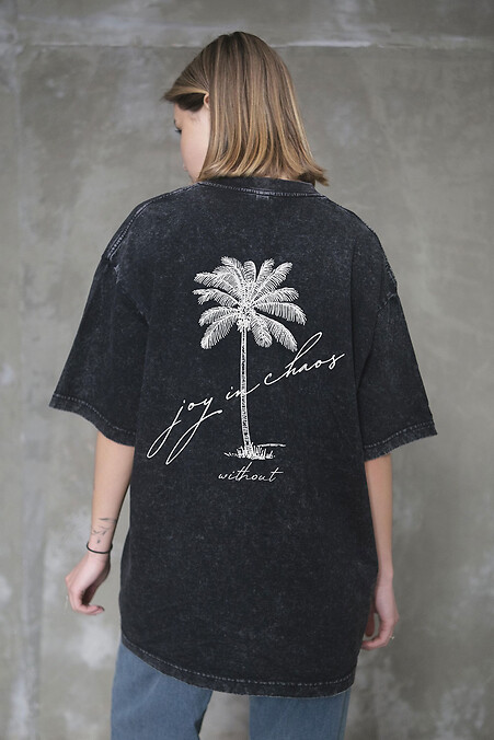 Joy Palma Black Washed Oversized Women's T-Shirt with Print - #8056345