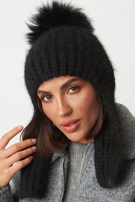 Women's hat with earflaps with pompom. Hats. Color: black. #4496346