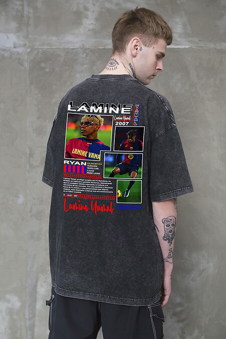 Мужская футболка Washed оверсайз с принтом Lamine Yamal Black - #8056348