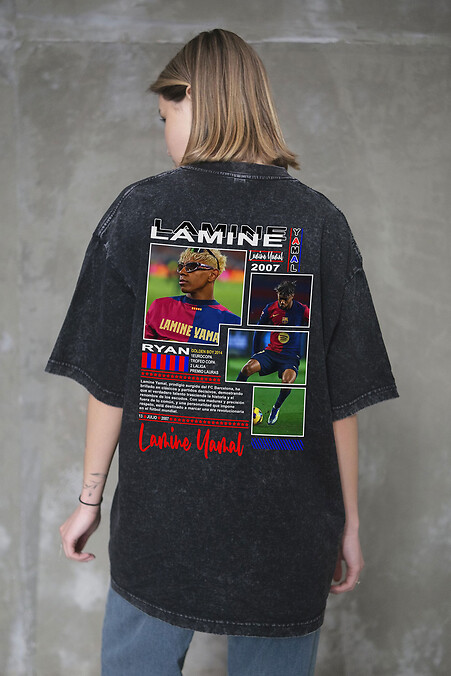Women's Washed Oversized T-shirt with Lamine Yamal Black Print - #8056349