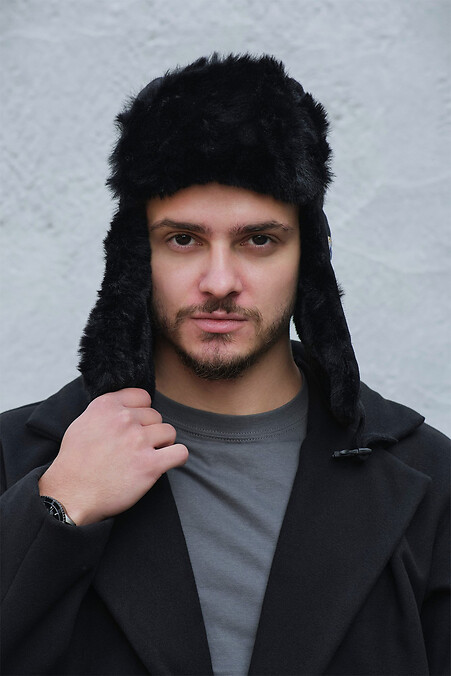 Men's black fur hat with ears - #8049350