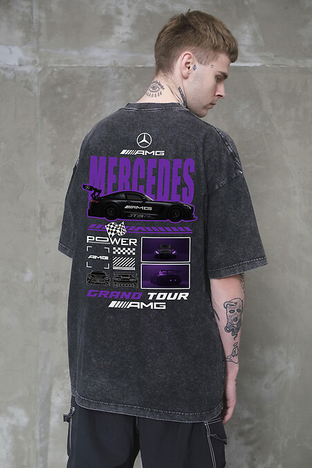 Męska, sprana, oversize'owa koszulka z nadrukiem Mercedesa, czarna - #8056350