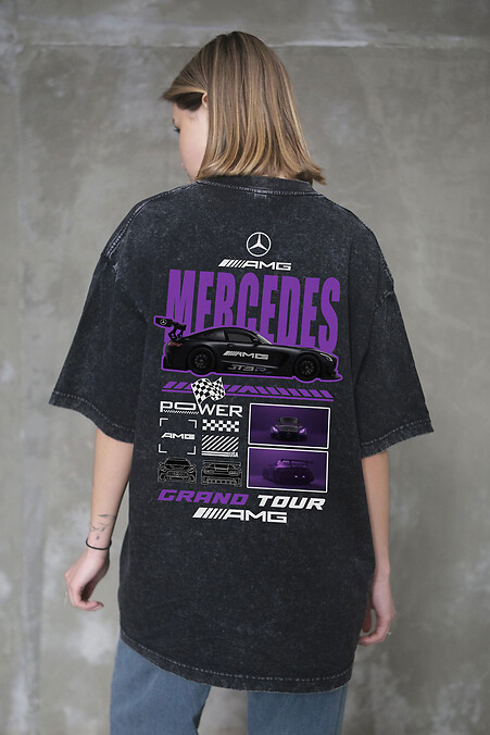 Women's Washed Oversized T-shirt with Mercedes Print, Black - #8056351