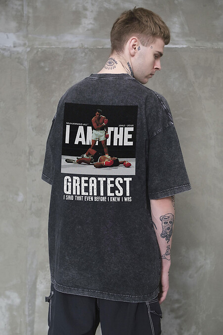Men's Washed Oversized T-shirt with Muhammad Ali Print, Black - #8056356