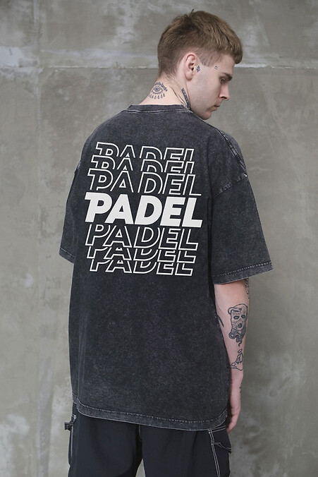 Padel Black Washed Oversized Men's T-Shirt with Print - #8056360