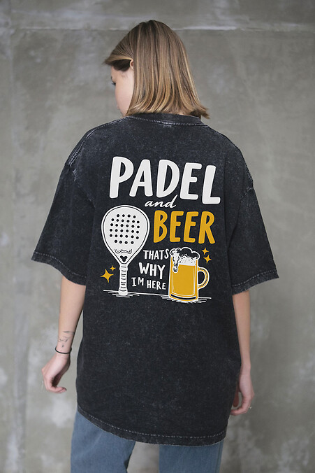 Women's Washed Oversized T-shirt with "Padel and Beer" Print, Black - #8056363