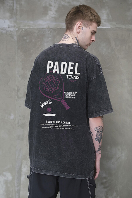 Men's Washed Oversized Padel Tennis Print T-shirt, Black - #8056364