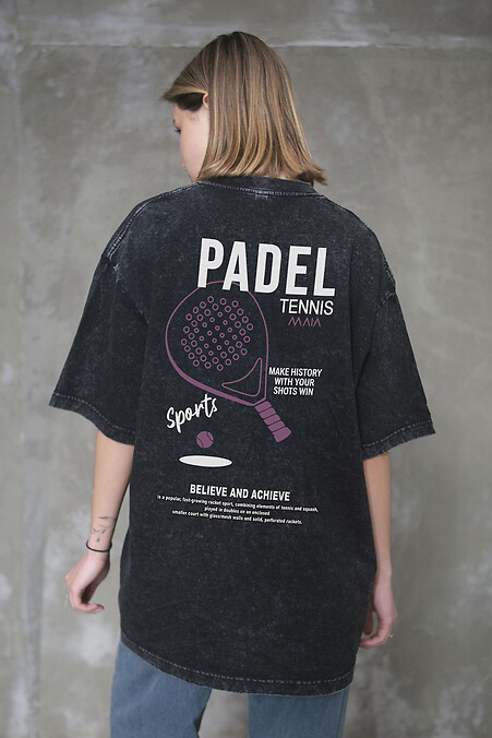 Damska, prana, oversize'owa koszulka do tenisa Padel, czarna - #8056365