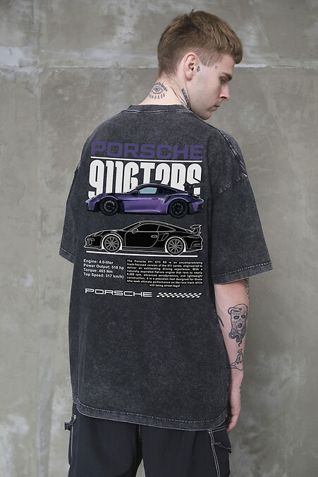 Men's Washed Oversized T-shirt with Porsche Print, Black - #8056370