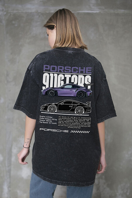 Women's Washed Oversized T-shirt with Porsche Print, Black - #8056371