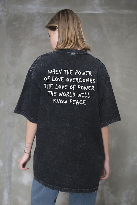 Women's Washed Oversized T-shirt with Power Peace Print, Black - #8056373
