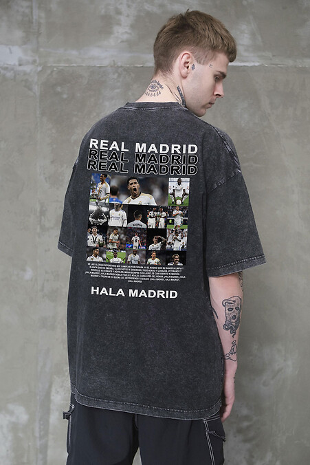 Men's Washed Oversized T-Shirt with Real Madrid Print, Black - #8056374