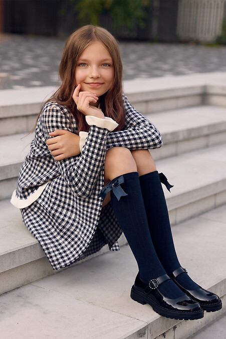 Children's blue knee-high socks with a bow and rhinestones - #2040375