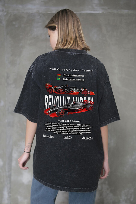 Women's Washed Oversized T-Shirt with Revolut Audi Print, Black - #8056377