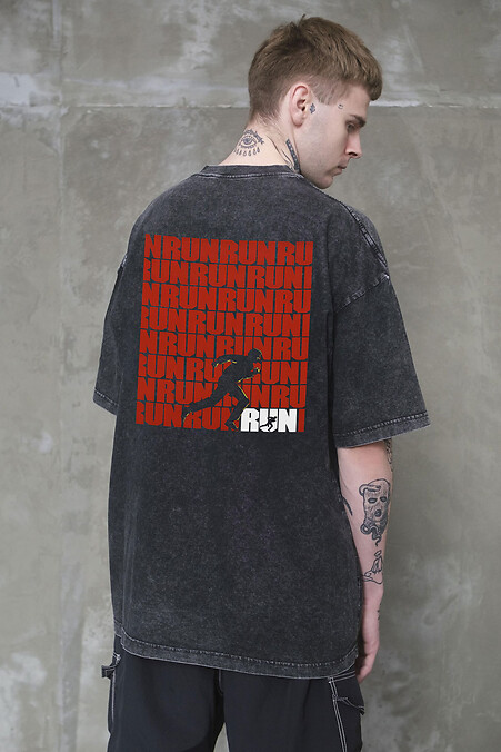 Men's Washed Oversized T-Shirt with Run Black Print - #8056378