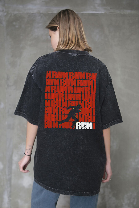 Women's Washed Oversized T-Shirt with Run Black Print - #8056379
