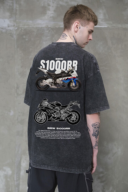 Męska, sprana, oversize'owa koszulka z nadrukiem S1000RR, czarna - #8056380