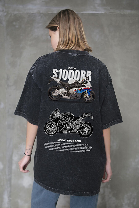 Women's Washed Oversized T-shirt with S1000RR Print, Black - #8056381