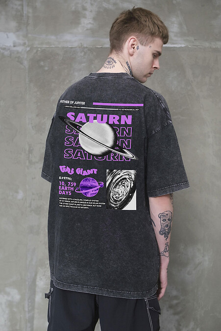 Men's Washed Oversized T-Shirt with Saturn Black Print - #8056382