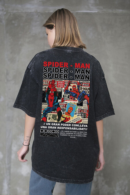 Women's Washed Oversized T-shirt with Spider-Man Print, Black - #8056385