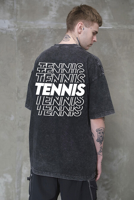 Men's Washed Oversized T-Shirt with Tennis Black Print - #8056386