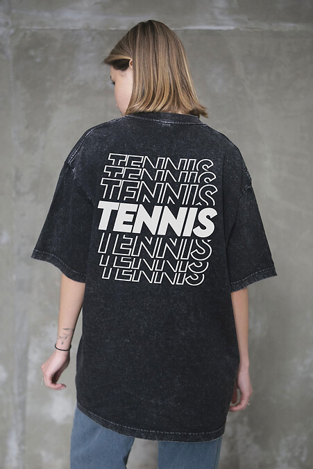 Women's Washed Oversized T-Shirt with Tennis Black Print - #8056387